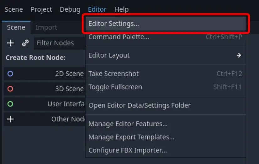Переход к Editor Settings в Godot