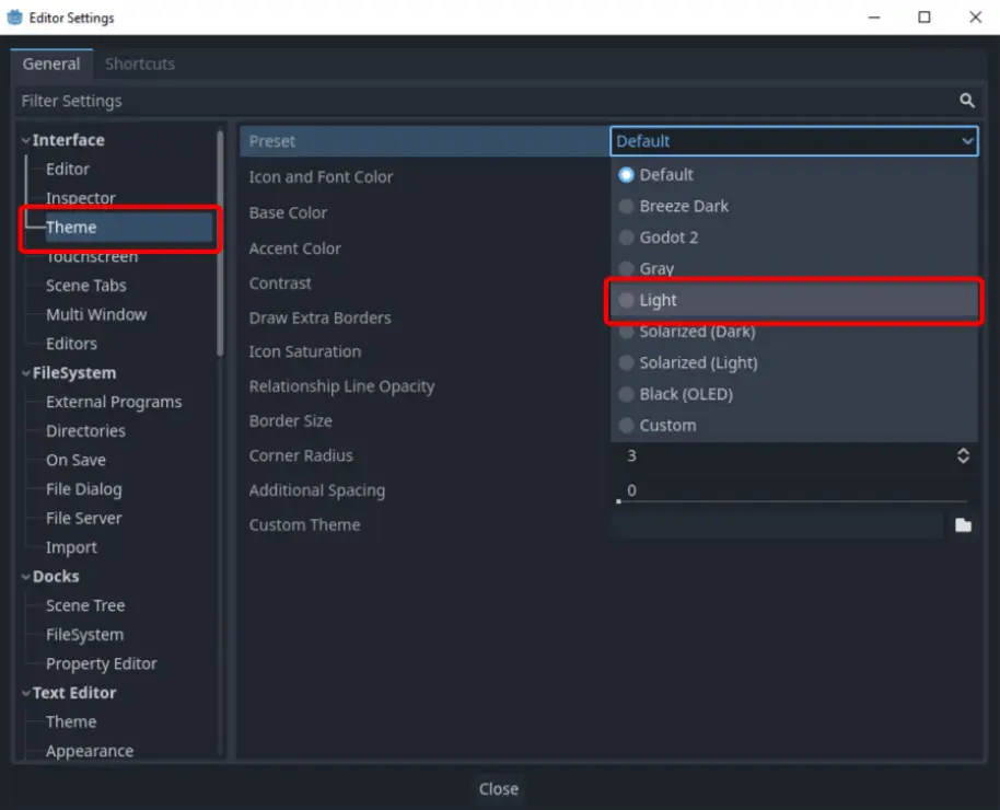 Выбор светлой темы в Godot