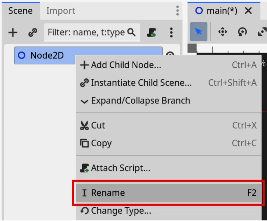 Переименовываем узел в Main в Godot
