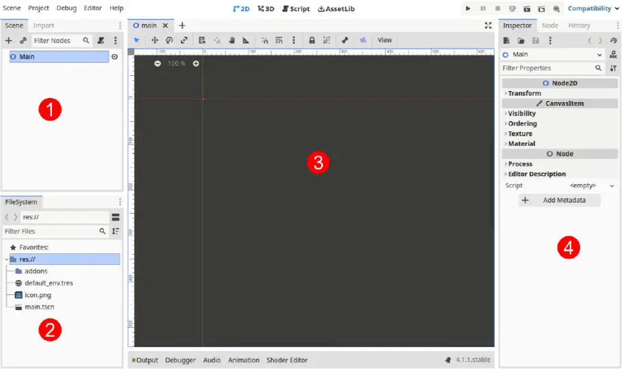 Основные области редактора Godot