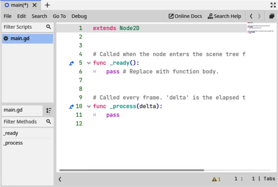 Открытый редактор скриптов в Godot